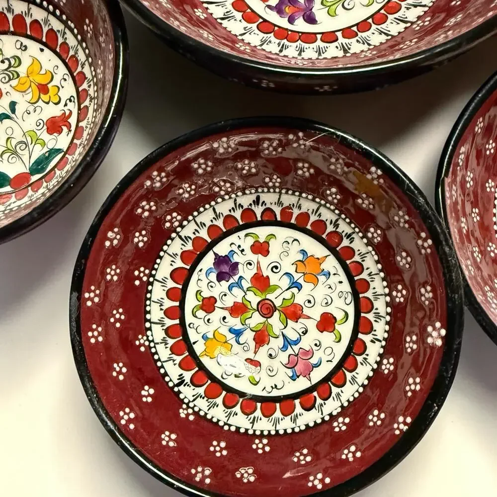 Nimet Handmade Hand Painted Turkish Bowl Set of 4 Red Floral Pottery